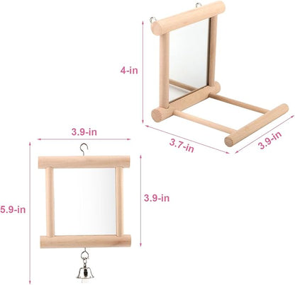 Wontee Bird Mirror Bird Toys for Budgies Parakeets Cockatiels Lovebirds Conures (Wood color-2pcs)