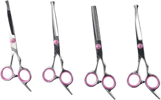 Dog Grooming Scissors, Stainless Steel 5 in 1 Dog Grooming Scissors, with Safety Round TipsProfessional Dog Grooming Kit(Pink)