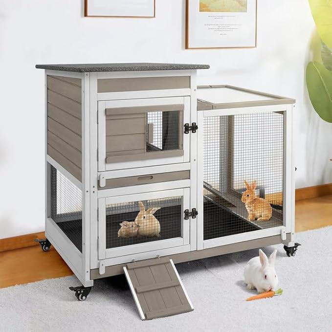 2 Story Rabbit Hutch Indoor with 2 Deeper Pull-Out Trays, Wooden Rabbit Cage with 4 Lockable Wheels, Ramp, Chew-Anti Metal Strip for Rabbit, Guinea Pig, Hamster(40.2" L X 23.2" W X 36.6" H)
