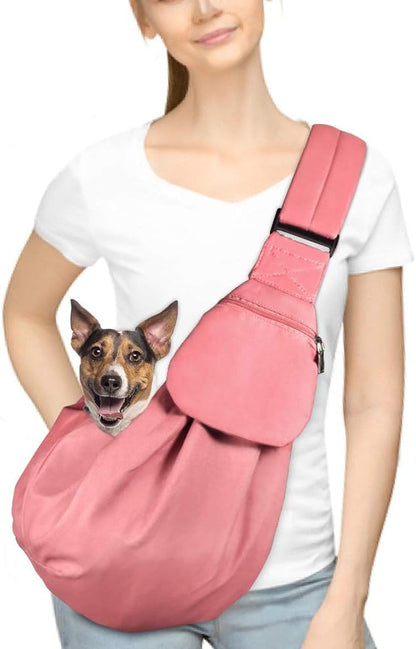 Dog Padded Papoose Sling, Small Pet Sling Carrier Hands Free Carry Adjustable Shoulder Strap Reversible Tote Bag with a Pocket Safety Belt Dog Cat Traveling Subway (5-12lbs, Pink)