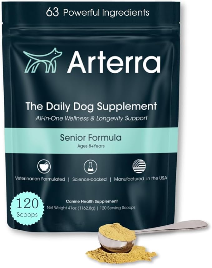 Senior Dog Powder Supplement & Food Topper – 63 Ingredients for Joint, Gut, Immune & Brain Health – Daily Longevity Multivitamin with Glucosamine, Probiotics, and Fish Oil | 120 Scoops