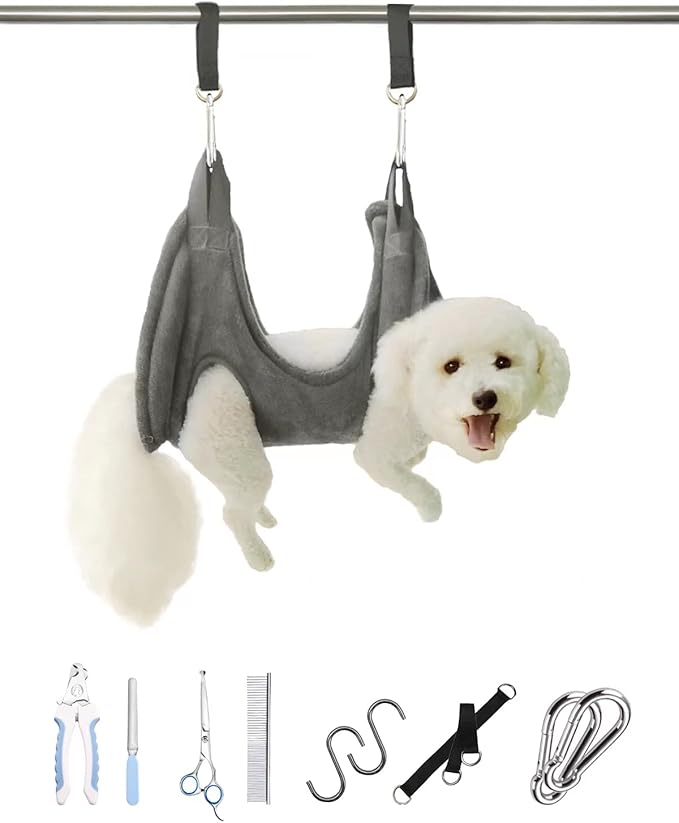 Dog Grooming Harness, Multifunctional Cats and Dogs Grooming Hammock, Pet Beauty Assistant, Nail Scissors/Nail Trimmer/Round Head Scissors (Medium grey)