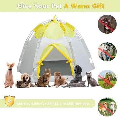 Outdoor Pet Curtain Camping Tent, Pop up Cave Bed for Indoor Cats and Small Dogs, Portable Cat House Dog House, Yellow.