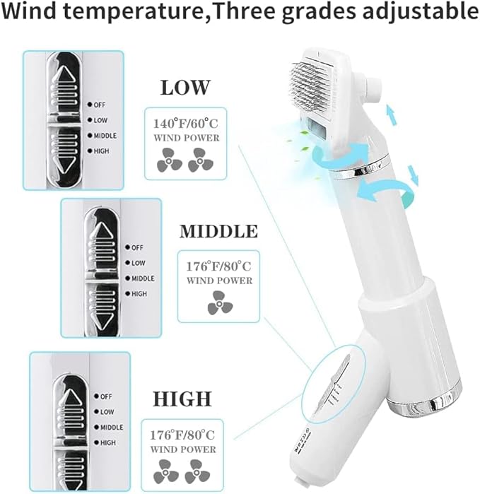 3 in 1 Professional Pet Grooming Dryer with Slicker Brush - Adjustable Temperature Settings for Dogs and Cats (White)