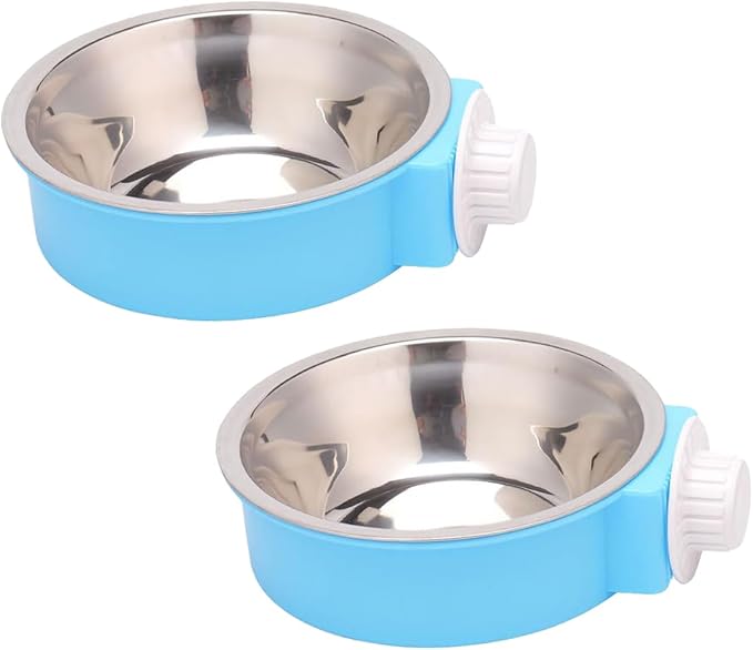 2Pcs Pets Lightweight Stainless Steel Bowl,Removable Stainless Steel Pet Hanging Food Water Feeder Bowl Cage Coop Cup for Puppy Medium Dog Cat Rabbit Ferret Bird Gunea Pigs (Blue, S)