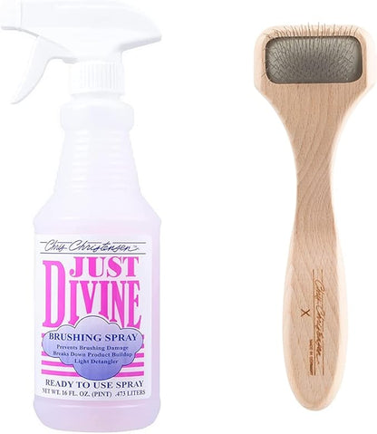 Chris Christensen Grooming Bundle - Just Divine Ready to Use Brushing Spray for Dogs, Prevents Brushing Damage, Light Detangler - Mark X Tiny Slicker Dog Brush, Round Ground Stainless Steel Pins
