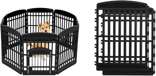 34" 8-Panel Pet Playpen with Door, Medium Large Dog Secure Easy Assemble Easy Storing Customizable + 34''H 2 Add on Panels, Heavy-Duty Molded Plastic Rust-Free Non-Skid Rubber Feet, Black