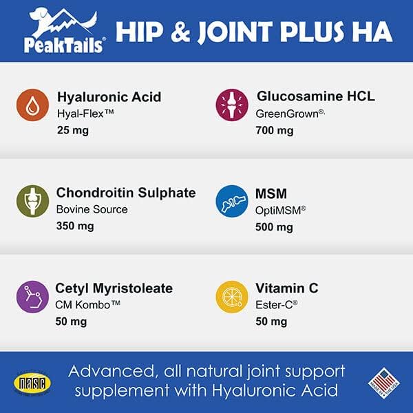 Kala Health PeakTails Hip & Joint Plus HA for Dogs  150 Tablets, Glucosamine, Chondroitin, OptiMSM, Ester-C & Hyaluronic Acid  Supports Joint Mobility & Comfort