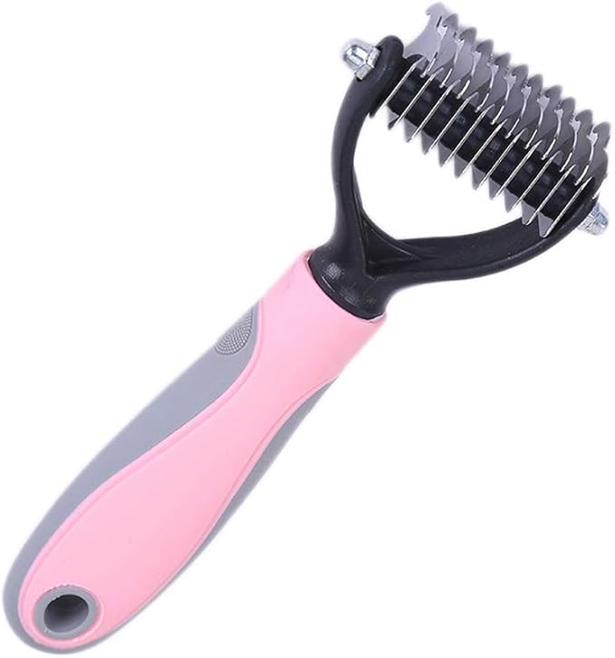 Dematting Comb, Two-Sided Undercoat Rake for Dogs & Cats, Dog Brush for Shedding and Removing Mats,Safe Stainless Steel dematting Tool Pink