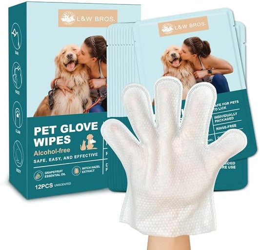 L&W BROS. Pet Wipes Gloves - Safe, Alcohol-Free, and Individually Packaged for Convenient Grooming Disposable Premium Flush-Free Dog Wipes Cleaning Deodorizing Hypoallergenic Wipes(Unscented 12PC)