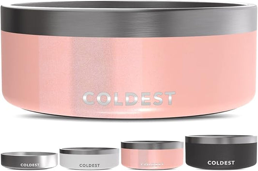 Coldest Dog Bowl - Anti Rust Metal, Non Slip, 3 Layers Insulated Stainless Steel Dog Bowls - Spill Proof & Heavy Duty - Water Bowl for Dogs, Cats & Pets, Dish Washer Safe (64 oz, Forever Pink Glitter)