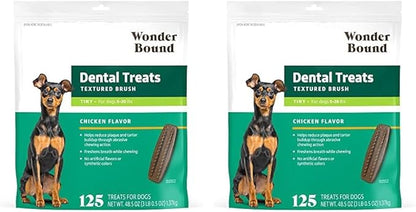 Amazon Brand - Wonder Bound Dog Dental Treats for Tiny Dogs (5-15 lbs), Real Chicken Flavor, Nubbed Texture for Plaque & Tartar Control, Freshens Breath While Chewing, 125 Count (Pack of 2)