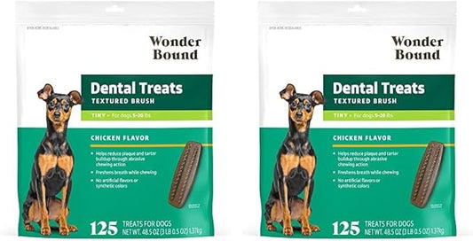 Amazon Brand - Wonder Bound Dog Dental Treats for Tiny Dogs (5-15 lbs), Real Chicken Flavor, Nubbed Texture for Plaque & Tartar Control, Freshens Breath While Chewing, 125 Count (Pack of 2)