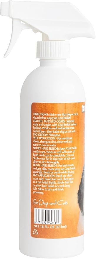 Bio-Groom Coat Polish Dog Spray  Scented Dog Bathing Supplies, Puppy Wash, Cat & Dog Grooming Supplies for Sensitive Skin, Cruelty-Free, Made in USA, Tearless Dog Products  16 fl oz 1-Pack