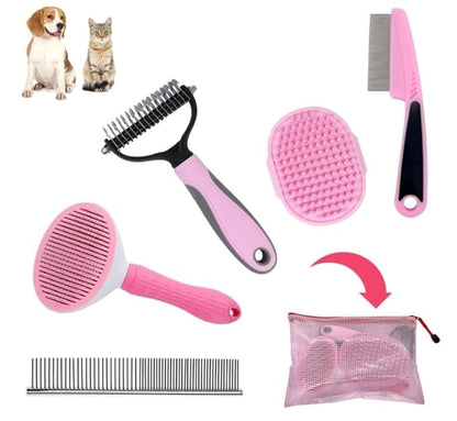 Dog Grooming Kit  Pink Deshedding Brush for Short Hair Dogs, Slicker Brush, Flea Comb & Puppy Brush Set  Gentle Grooming Tools for Small & Medium Breeds