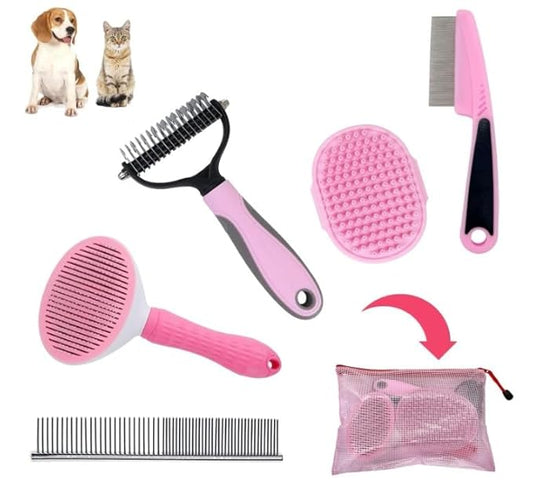 Dog Grooming Kit  Pink Deshedding Brush for Short Hair Dogs, Slicker Brush, Flea Comb & Puppy Brush Set  Gentle Grooming Tools for Small & Medium Breeds