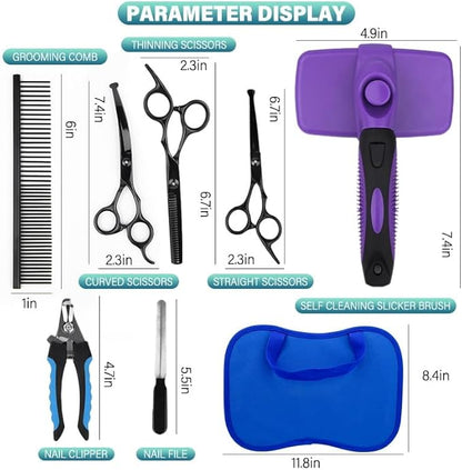 7 Pieces Professional Grooming Scissors Kit with Curved, Thinning, Straight Scissors, Nail Clipper, Nail File and Pet Hair Removal Comb for Pet Dogs & Cats