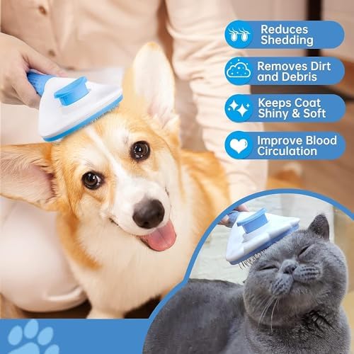 Cat brush, brush for long haired cats and dogs. Pet Self Cleaning Brush Hair Remover Grooming Comb Dog Cat Massage Brush. (BLUE)