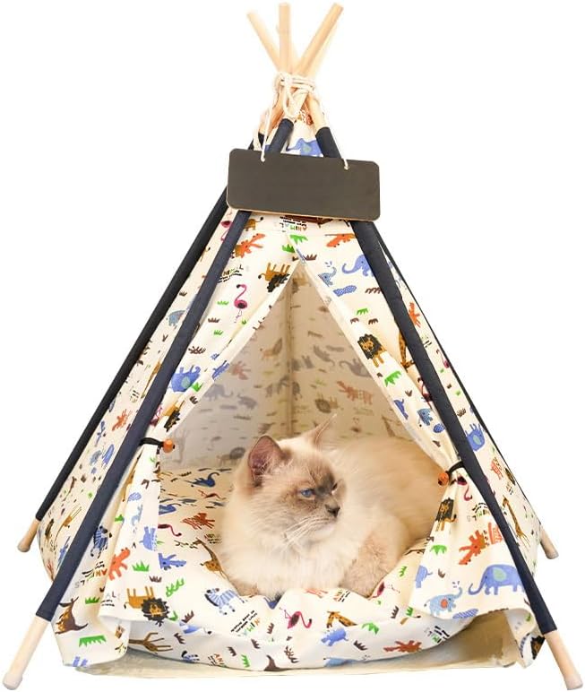 Solid Wood Cat Tent Indoor with Thick Mat,Portable Dog House Dog Teepee Tent,Cute Cat Teepee Cave, Cat Bed,Dog Bed Tent,Puppy Bed Tent,Bunny Tent,Pet Tent Teepee