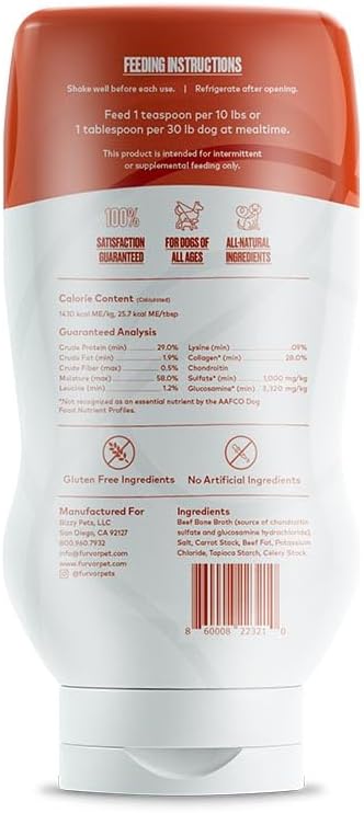 Beef Bone Broth for Dogs - Collagen Protein Supplement for Digestion, Mobility, Coat, Immune System, Healthy Dog Food Topper, Human Grade Meal Boost Gravy, Just Add Water, Made in USA 16 oz