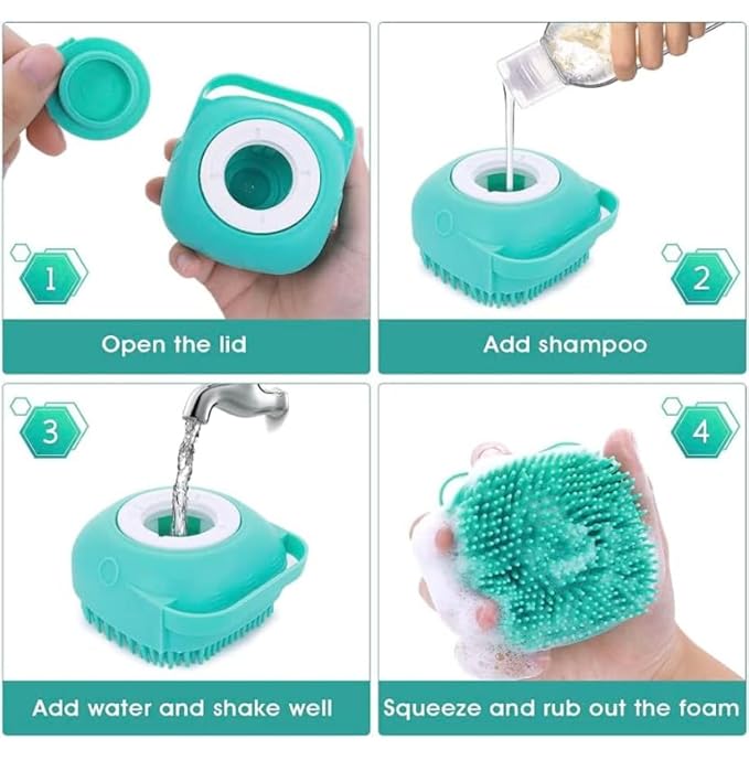 Dog Bath Brush, Dog Grooming Brush - Silicone Cat Shampoo Comb, Shampoo Dispenser for Kitty and Puppy (Blue)