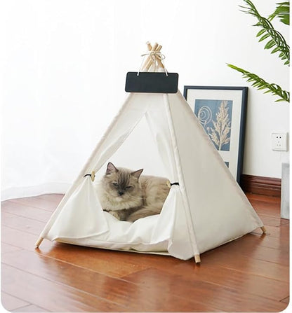 Solid Wood Cat Tent Indoor with Thick Mat,Portable Dog House Dog Teepee Tent,Cute Cat Teepee Cave, Cat Bed,Dog Bed Tent,Puppy Bed Tent,Bunny Tent,Pet Tent Teepee