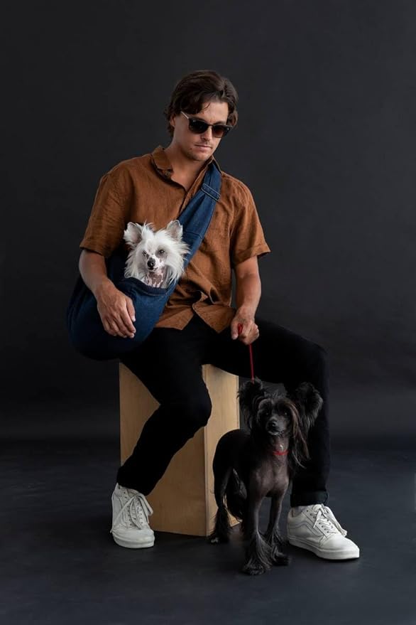 Noah & Paw Dog Sling Carrier for Small Dogs 5-18lb, Dog Sling for Small Dogs and Cats, Dog Carrier with Adjustable Padded Strap, Vegan Denim Lined with Fur, 3X Safety Features, Machine Washable