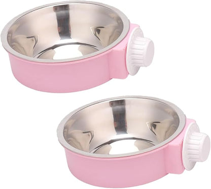 2Pcs Pets Lightweight Stainless Steel Bowl,Removable Stainless Steel Pet Hanging Food Water Feeder Bowl Cage Coop Cup for Puppy Medium Dog Cat Rabbit Ferret Bird Gunea Pigs (Pink, M)