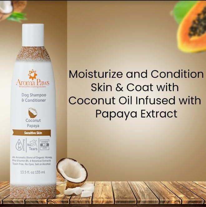 Dog Shampoo and Conditioner - Aromatic Tearless Shampoo for Cleansing, Grooming, and Conditioning Sensitive Skin - Moisturizing Shampoo for Dogs and Puppies - Coconut Papaya 13.5 oz