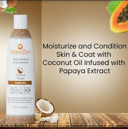Dog Shampoo and Conditioner - Aromatic Tearless Shampoo for Cleansing, Grooming, and Conditioning Sensitive Skin - Moisturizing Shampoo for Dogs and Puppies - Coconut Papaya 13.5 oz