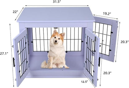 31.5" Heavy Duty Dog Crate for Medium Small Dogs, Furniture Style cage with Double Doors Pet House Wooden Cage Modern Kennel FurnitureIndoor for Dogs up to 85 lb (White)