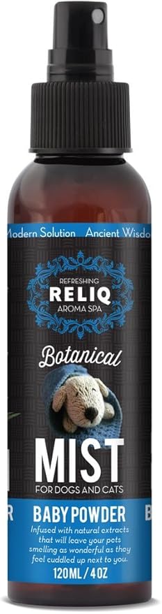 RELIQ Aroma SPA Baby Powder Botanical Mist Cologne for Dogs and Cats. Spray on The Coat After Bath to give Your Dog a Clean & Fresh Smell. Infused with Natural extracts for Calming and comforting.