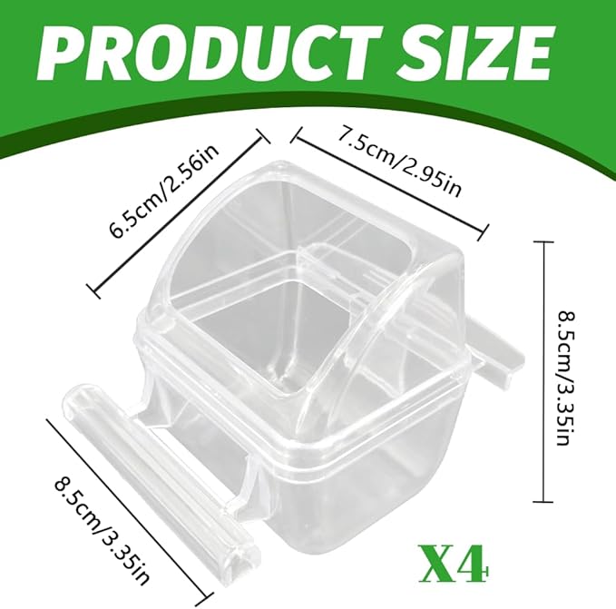 4 Pack Bird Feeders for Cage, No Mess Clear Hanging Parrot Food Bowl, Plastic Slot Food & Water Dispenser Bowl Set, Bird Cage Accessories for Hamsters,Pigeons,Parrot