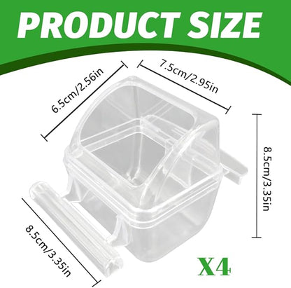 4 Pack Bird Feeders for Cage, No Mess Clear Hanging Parrot Food Bowl, Plastic Slot Food & Water Dispenser Bowl Set, Bird Cage Accessories for Hamsters,Pigeons,Parrot