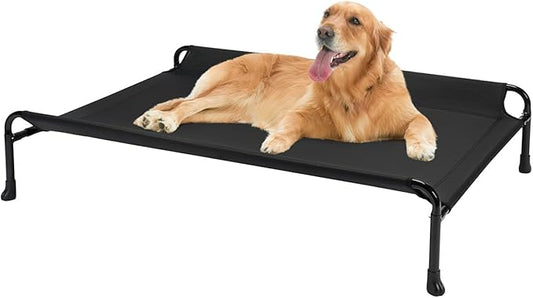 Veehoo Cooling Elevated Dog Bed, Raised Dog Beds for Large Dogs, Outdoor Dog Bed with Guardrail, Upgraded Non-Slip Feet, Breathable Teslin Mesh, Portable Camping Dog Cot, Large, Black, CWC2404