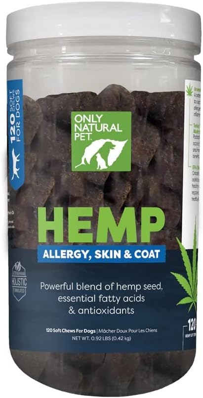 Only Natural Pet Allergy, Skin & Coat Hemp Soft Chews - Allergy Immune Bites for Dogs, Omega 3 Supplement, Hemp Oil - Calming Treats for Itchy Skin Relief, Hot Spot - (120 Count) (Al.)