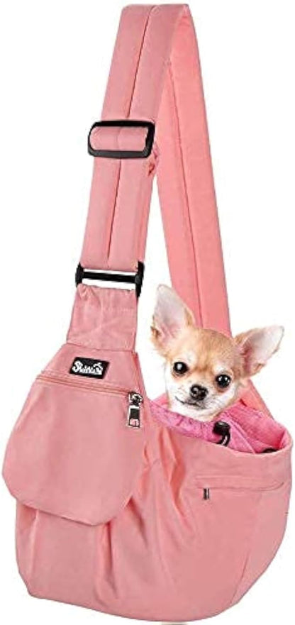 SlowTon Dog Carrier Sling - Hard Bottom Support Dog Carriers for Small Dogs with Adjustable Padded Shoudler Strap, Dog Purse for Puppy Cat Pet with Drawstring Opening Storage Zipper Pockets (Peach)
