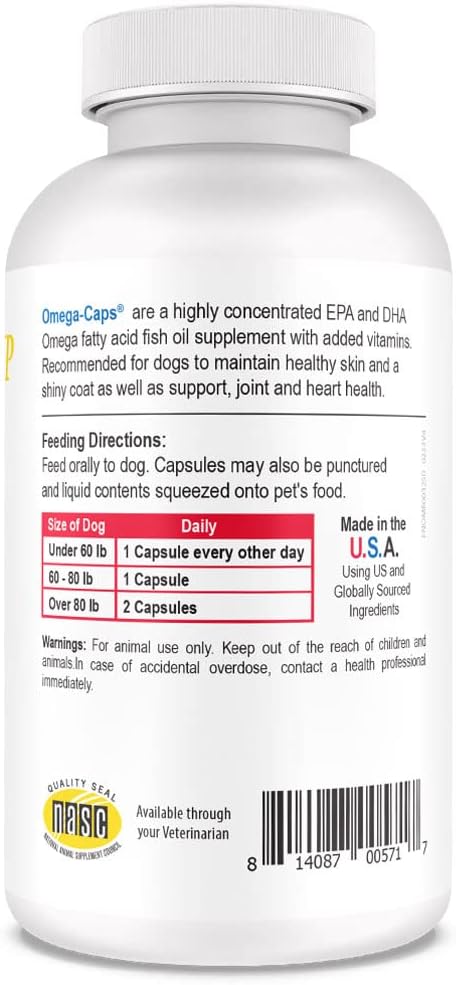 Omega Caps HP Snip Tips for Medium and Large Dogs High Potency EPA and DHA Maximum Bioavailability Fish Oil Supplement Vet Formulated Made in USA Skin Coat Joint and Heart Health 250 Capsules