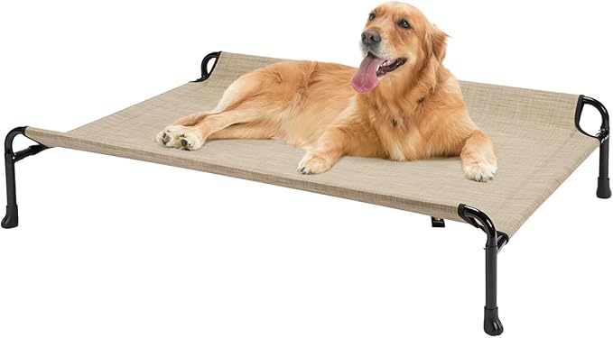 Veehoo Cooling Elevated Dog Bed, Raised Dog Beds for Large Dogs, Outdoor Dog Bed with Guardrail, Upgraded Non-Slip Feet, Breathable Teslin Mesh, Portable Camping Dog Cot, Large, Beige Coffee, CWC2404