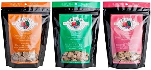 Fromm Four-Star Nutritionals Oven-Baked Grain-Free Dog Treats 3 Flavor Variety Bundle: (1) Fromm Chicken With Carrots And Peas Recipe Grain-Free Dog Treats, (1) Fromm Lamb With Cranberry Recipe