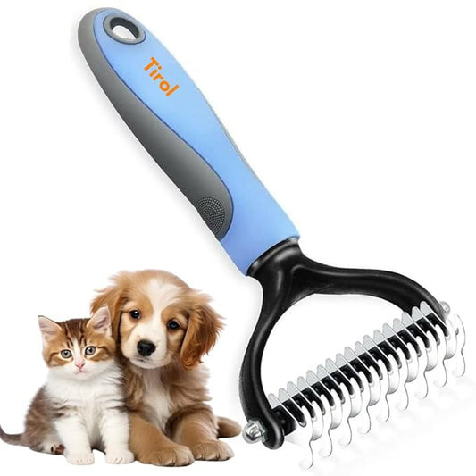 TIROL SUPPLIES Original Pet Grooming Rake - Ergonomic Non-slip Undercoat Rake for Dogs & Cats - Double-Sided Deshedding Dematting Tool - Extra-Wide Deshedding Dog Brush for Long Hair
