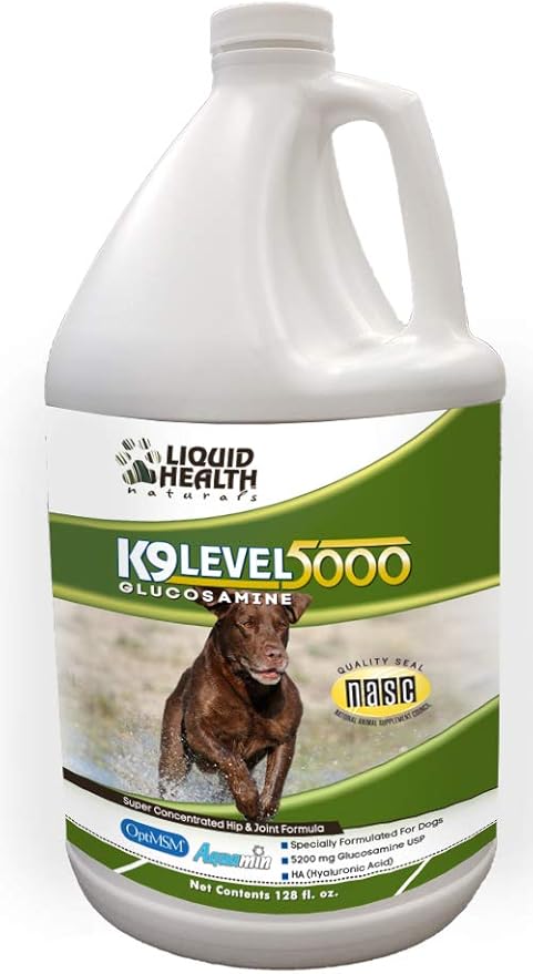 LIQUIDHEALTH Pets K9 Liquid Glucosamine Level 5000 for Large Breeds with Chondroitin, MSM - Pet Joint Health Supplements, Dog Vitamins Hip Joint Juice, Dog Joint Oil - Made in The USA (1 Gallon)