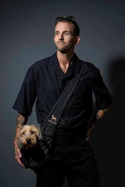 Noah & Paw Dog Sling Carrier for Small Dogs 5-18lb, Dog Sling for Small Dogs and Cats, Dog Carrier with Adjustable Padded Strap, Premium Denim, Lined with Fur, Double Safety Feature, Machine Washable
