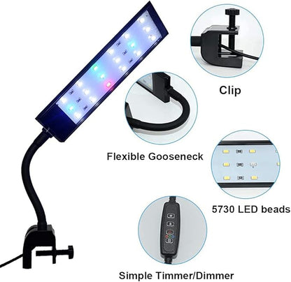 Fish Tank Clip on Light, VARMHUS RGB Clamp Aquarium Light Fish and Plant Aquarium Lighting with Timer Dimmer for Sunrise and Sunset (7W)