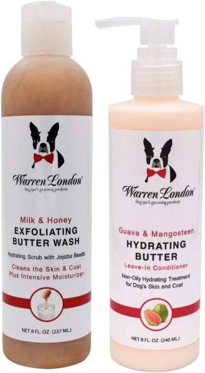 Warren London 8oz Butter Combo - Premium Dog Shampoo & Conditioner - Exfoliating Wash with Fragrant Leave in Conditioner - Detangler and Coat Moisturizer - Milk & Honey w/Guava & Mango