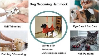 Dog Grooming Hammock with Flea Comb and Dog Nail Clipper, Pet Dog Grooming Hammock Harness with Cat Nail Clipper, Nail File and Dog Brush, Dog Sling for Nail Clipping/Nail Trimming (S, Orange)