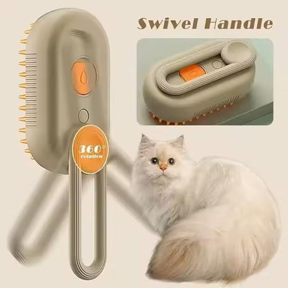 3-in-1 Steam Pet Brush for Cats & Dogs  Self-Cleaning Grooming Comb with Spray Mist, Massage & Shedding, Rechargeable USB, Anti-Static, Foldable Handle (TAN)