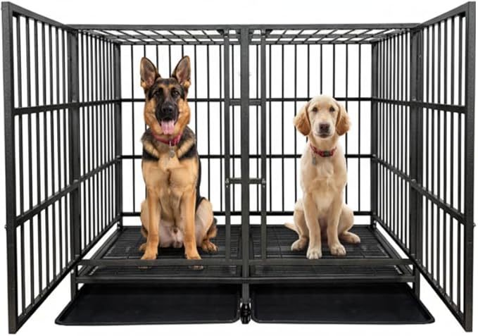 54 Inch Heavy Duty Dog Crate Cage with Divider, Indestructible and Escape Proof Steel Kennel Indoor for 2 High Anxiety Dogs with Sturdy Locks, Double Door and Tray, Extra Large XL XXL
