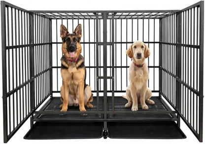 54 Inch Heavy Duty Dog Crate Cage with Divider, Indestructible and Escape Proof Steel Kennel Indoor for 2 High Anxiety Dogs with Sturdy Locks, Double Door and Tray, Extra Large XL XXL