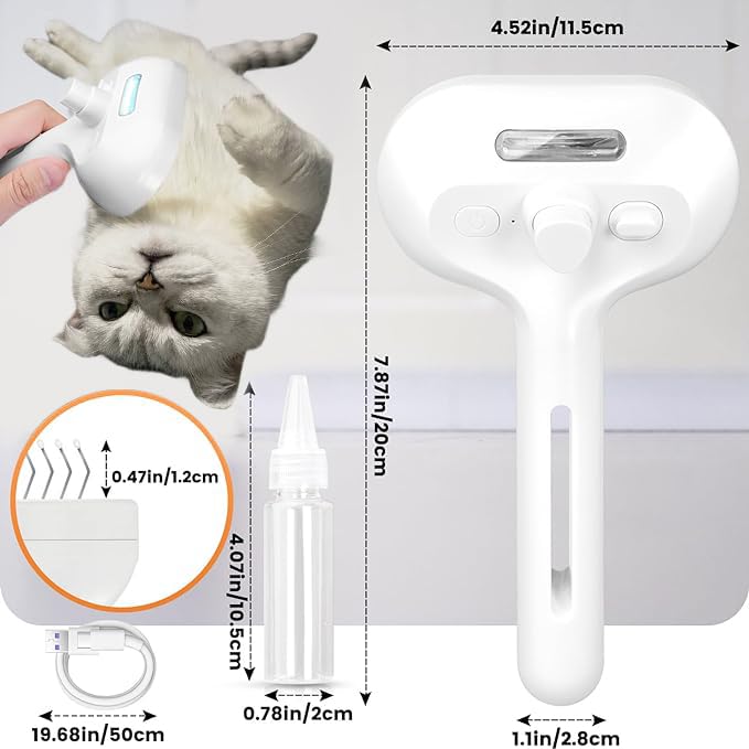 Cat Steam Brush,3 in 1 Pet Hair Removal Comb, Self-Cleaning Spray Cat Brush for Shedding,Steamy Pet Brush with Release Button and Tank - Suitable for Long and Short Hair Dogs and Cats, White